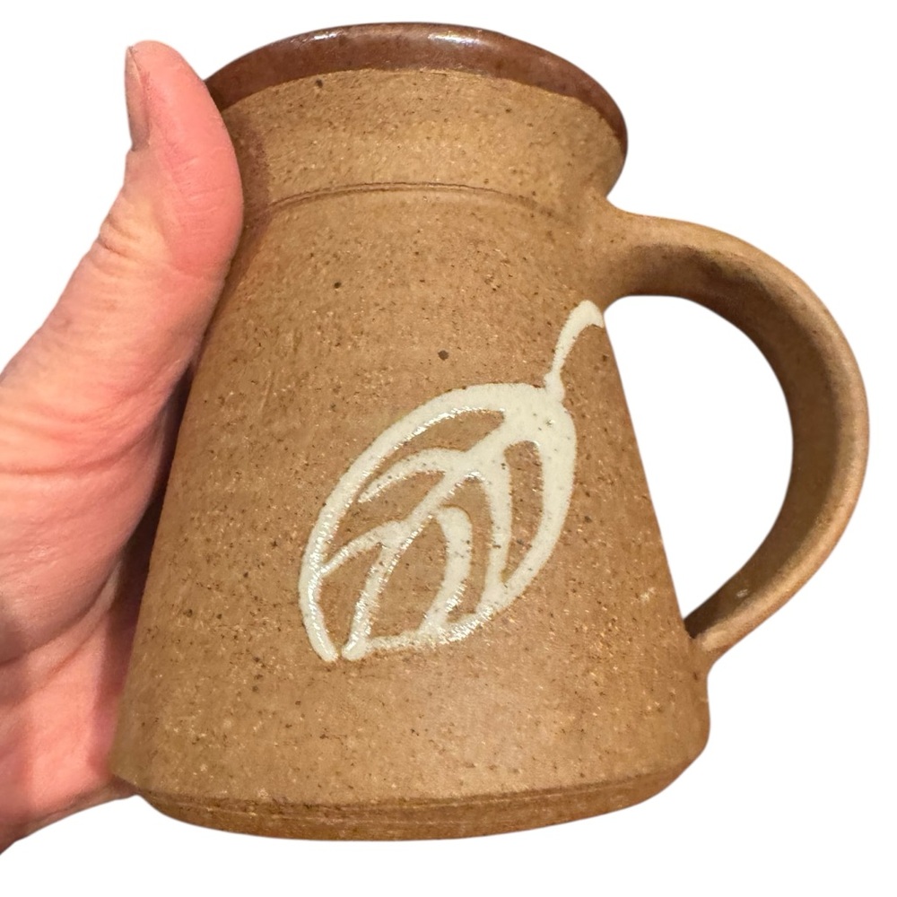 Handcrafted signed Brown Ceramic pottery Mug with Leaf Design